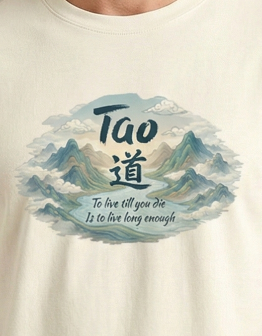 TAO Philosophy Graphic T-Shirt for Men & Women | Dao Symbol Mountain Zen Quote Tee | “To Live Till You Die Is to Live Long Enough” Spiritual Cotton Shirt