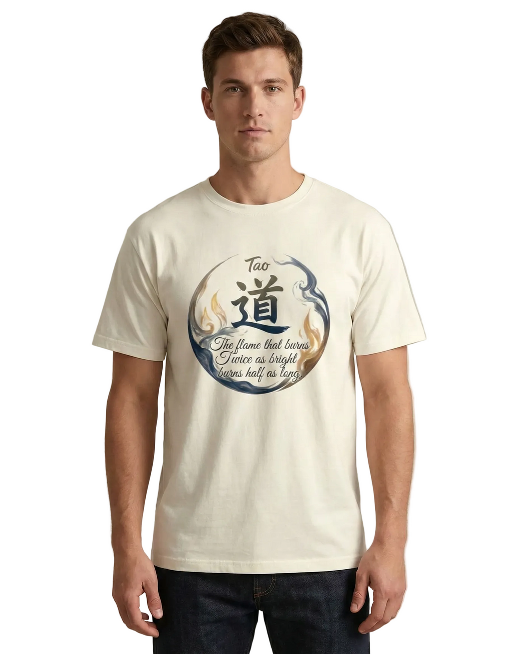 TAO Philosophy Graphic T-Shirt for Men & Women | “The Flame That Burns Twice as Bright Burns Half as Long” Zen Quote Tee | Minimalist Spiritual Aesthetic Cotton Shirt