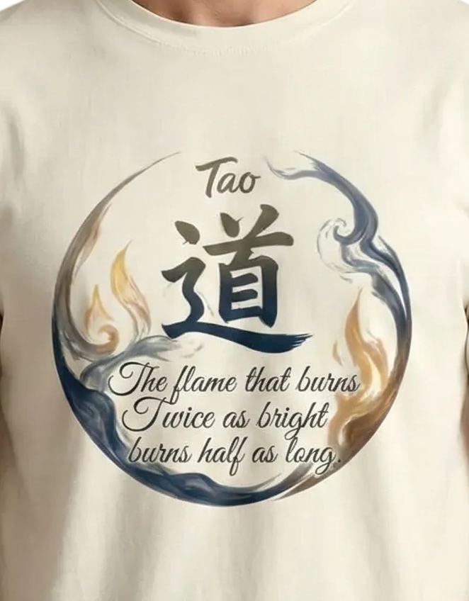 TAO Philosophy Graphic T-Shirt for Men & Women | “The Flame That Burns Twice as Bright Burns Half as Long” Zen Quote Tee | Minimalist Spiritual Aesthetic Cotton Shirt