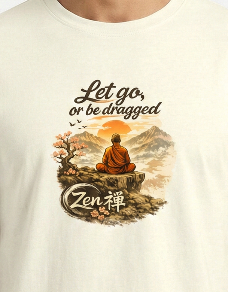 Zen Philosophy Quote T-Shirt for Men & Women | “Let Go, or Be Dragged” Spiritual Meditation Graphic Tee | Minimalist Mindfulness Cotton Shirt