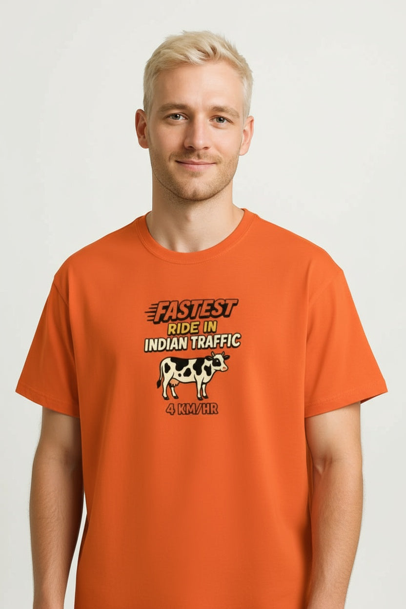 Men's Cotton Crew Neck Speeding Cow Graphic Print T-shirt